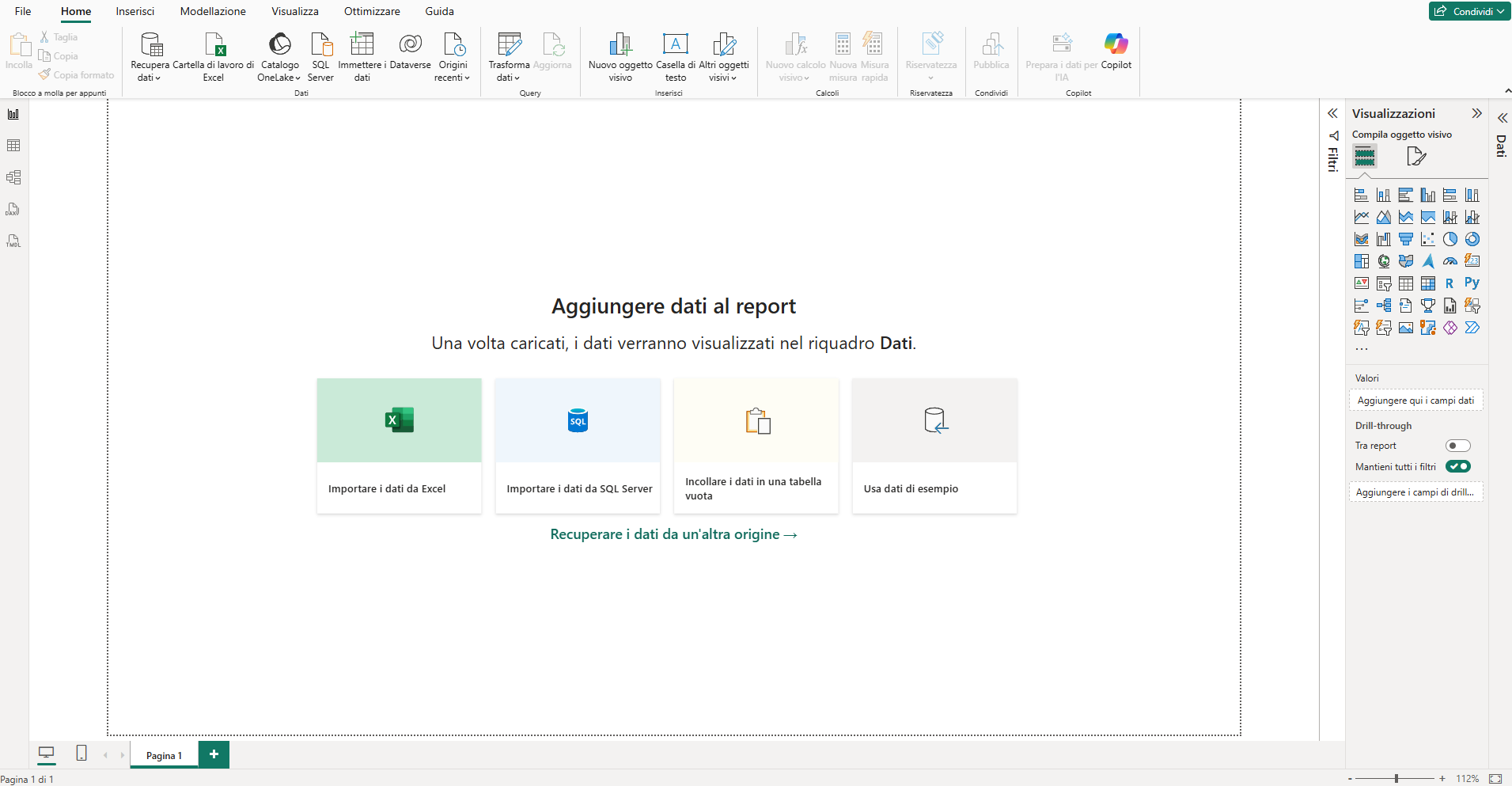Power BI Desktop appena aperto: ribbon in alto, riquadri Dati/Visualizzazioni/Filtri a destra, canvas centrale con la prima pagina del report vuota.
