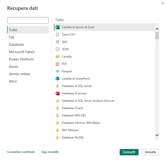 Pannello Get Data completo: a sinistra le categorie, al centro la griglia di tile per ogni connettore, in alto la barra di ricerca.
