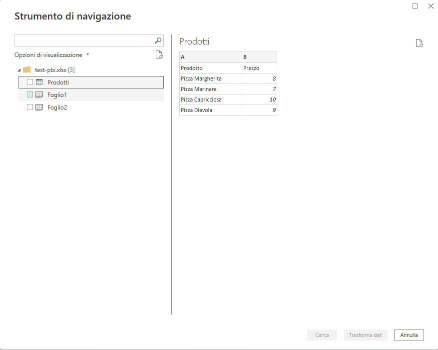 Schermata Navigator: a sinistra l'albero tabelle con checkbox, a destra l'anteprima delle prime righe, in basso i pulsanti Load / Transform Data.