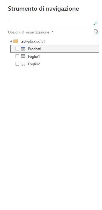 Navigator di Excel: a sinistra l'albero con fogli e tabelle (icone diverse), a destra l'anteprima.