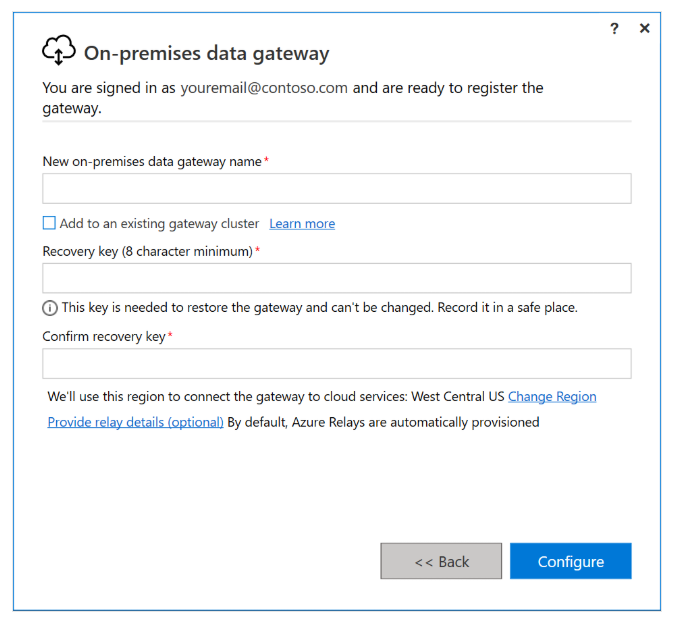 Schermata di setup del Gateway Standard: campo nome, region, recovery key.